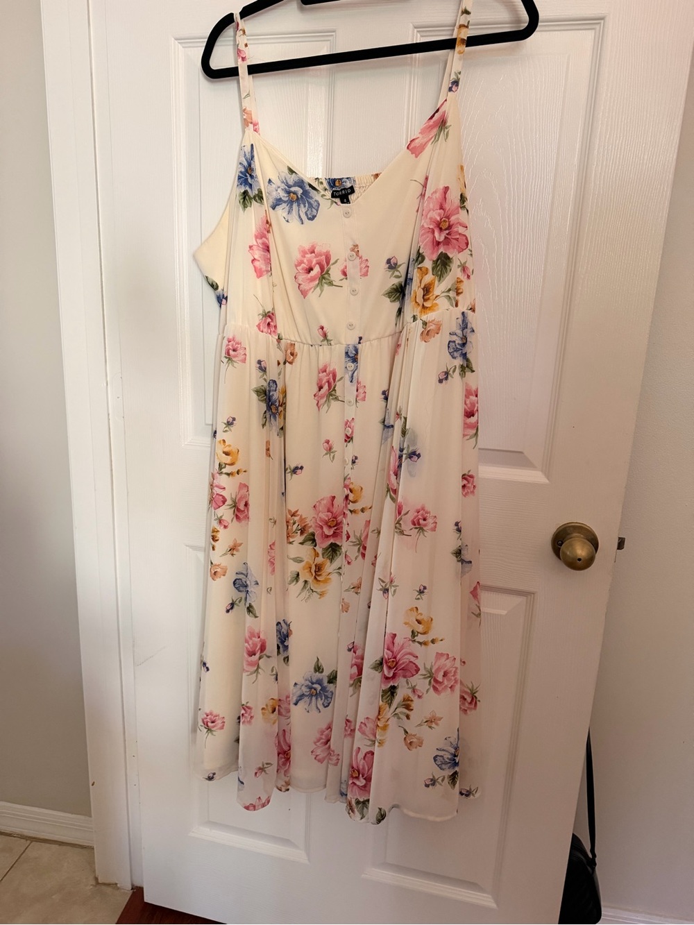 torrid Cream Floral Button-Front Midi Dress with Pink, Blue & Yellow Blooms